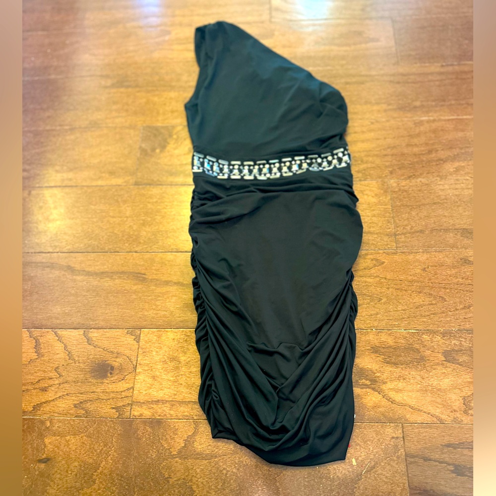 Kouture By Kimora Sexy Black Cocktail Dress Rhinestone One Shoulder Size Small